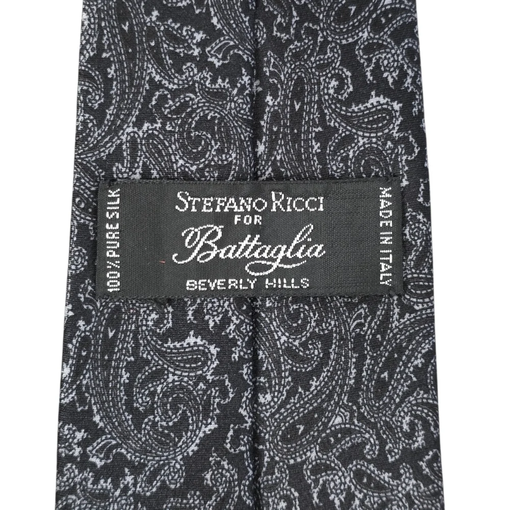 Stefano Ricci for Battaglia Y2K-era Silk Tie Black/Silver Paisley Italy Luxury